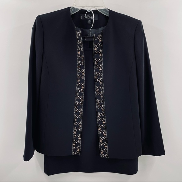 Kasper 2 Piece Black Beaded Embellished Lined Jacket Zip Skirt Suit Set Office - Picture 1 of 13